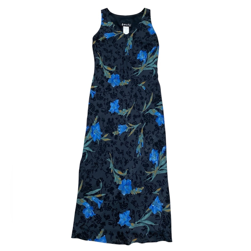 Vintage All That Jazz Sleeveless Dress Women’s 9/10 Black Floral V Neck Maxi 90s